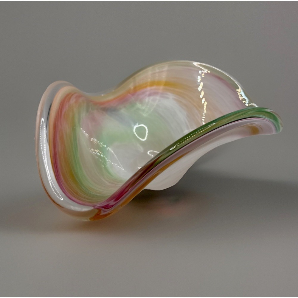 Vintage Pastel Rainbow Murano Style Bowl Centerpiece Wavy Edge Cotton Candy Colo